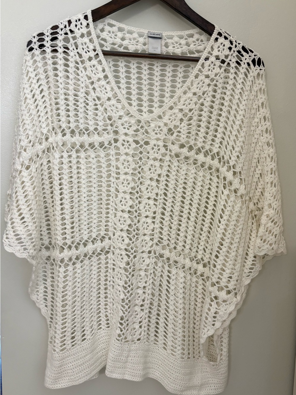 Chico's Cream /White Open-Knit Crochet Poncho Size: M/L Cotton